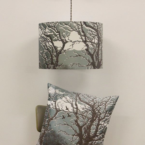 'Trees' Lampshade - Off-White/Chocolate on Duck Egg Silk